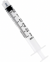 A close-up of an Exel 3cc Luer Lock Syringe (LOW DEAD SPACE PLUNGER) from MedPlus, marked with black measurement lines and numbers, shown against a plain white background. Pack of 50. Price increases to $11.38/box on 6/24/25.
